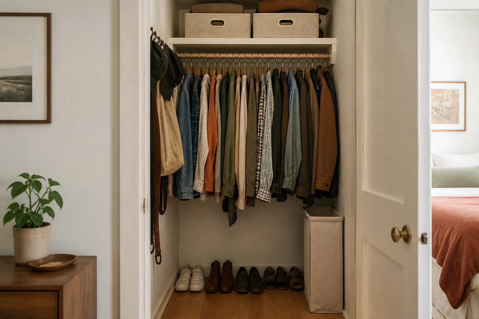 Narrow reach-in closet with current clothing at easy reach, seasonal boxes above, a bounded shoe row, and a slim hamper