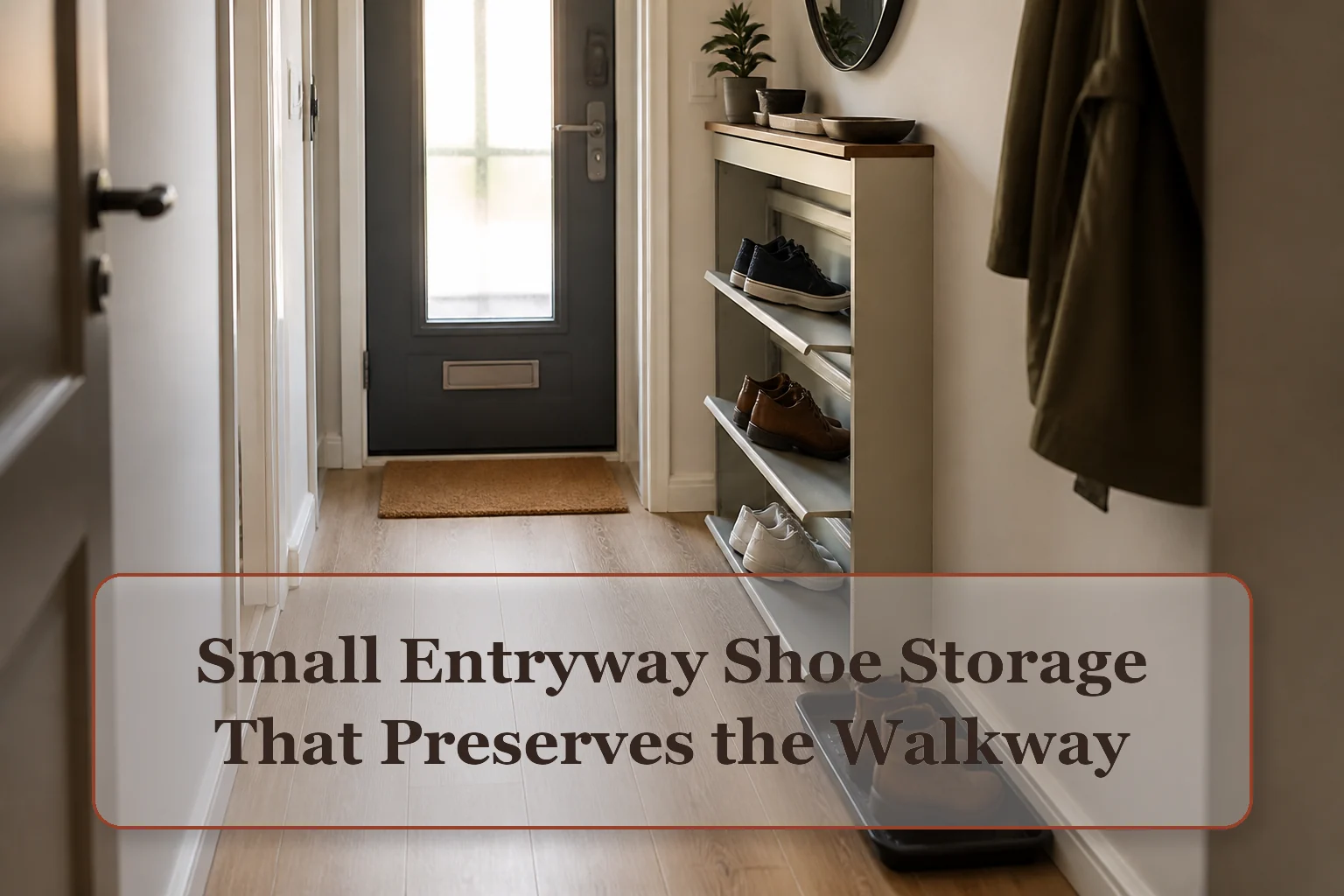 Narrow entryway with a shallow shoe rack, wet boot tray, and clear front-door and walking path
