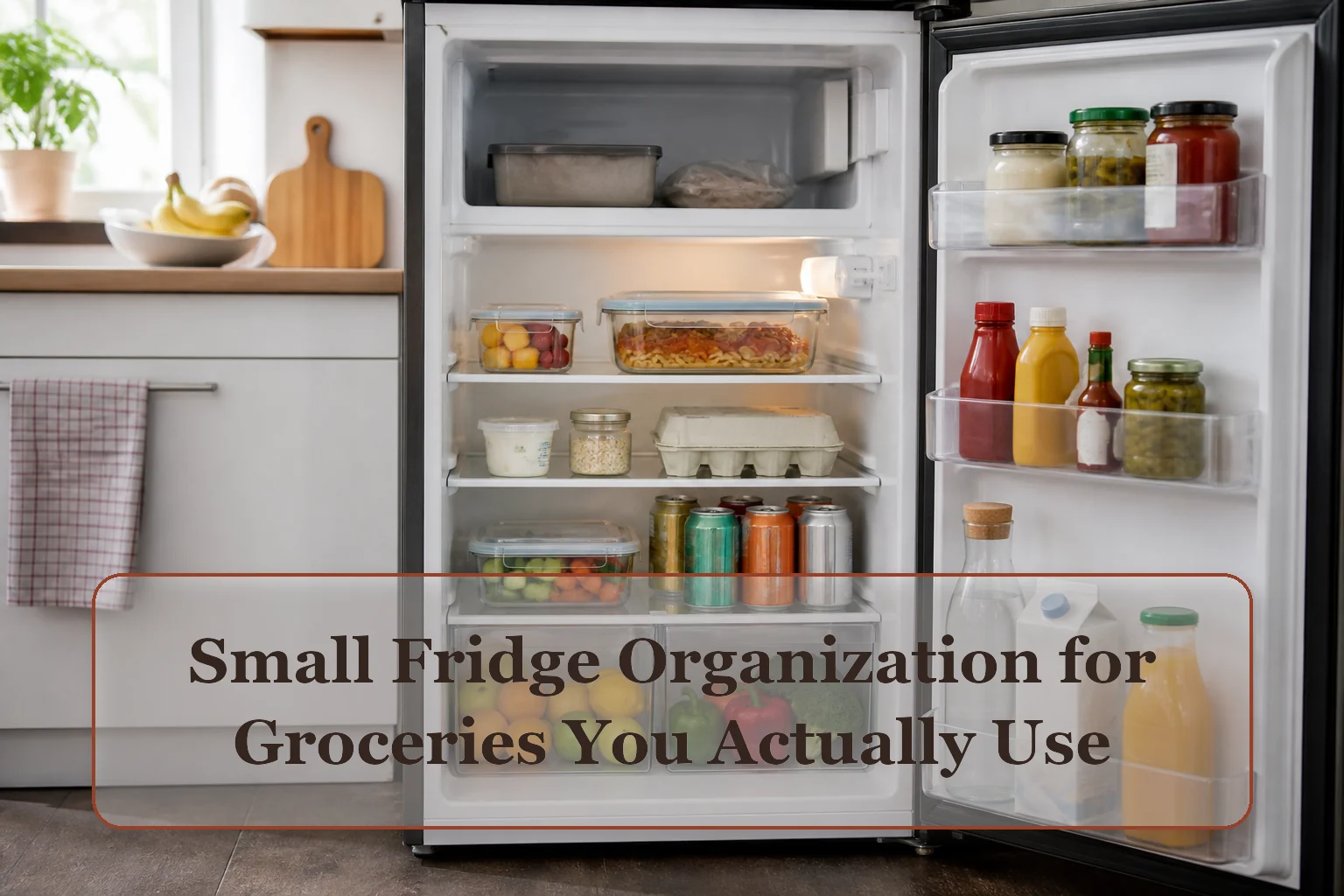 Open compact refrigerator with leftovers at eye level, an eat-first area, produce drawers, and ordinary groceries