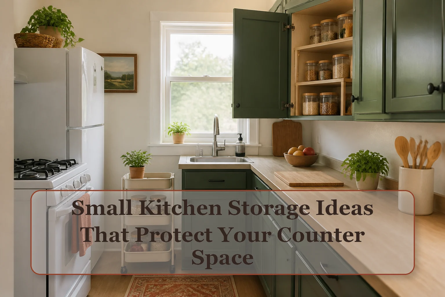 Small rental kitchen with a clear prep counter, open cabinet shelf riser, grouped food containers, and a narrow rolling cart