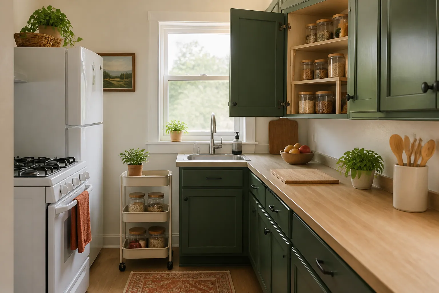 Small rental kitchen with a clear prep counter, open cabinet shelf riser, grouped food containers, and a narrow rolling cart