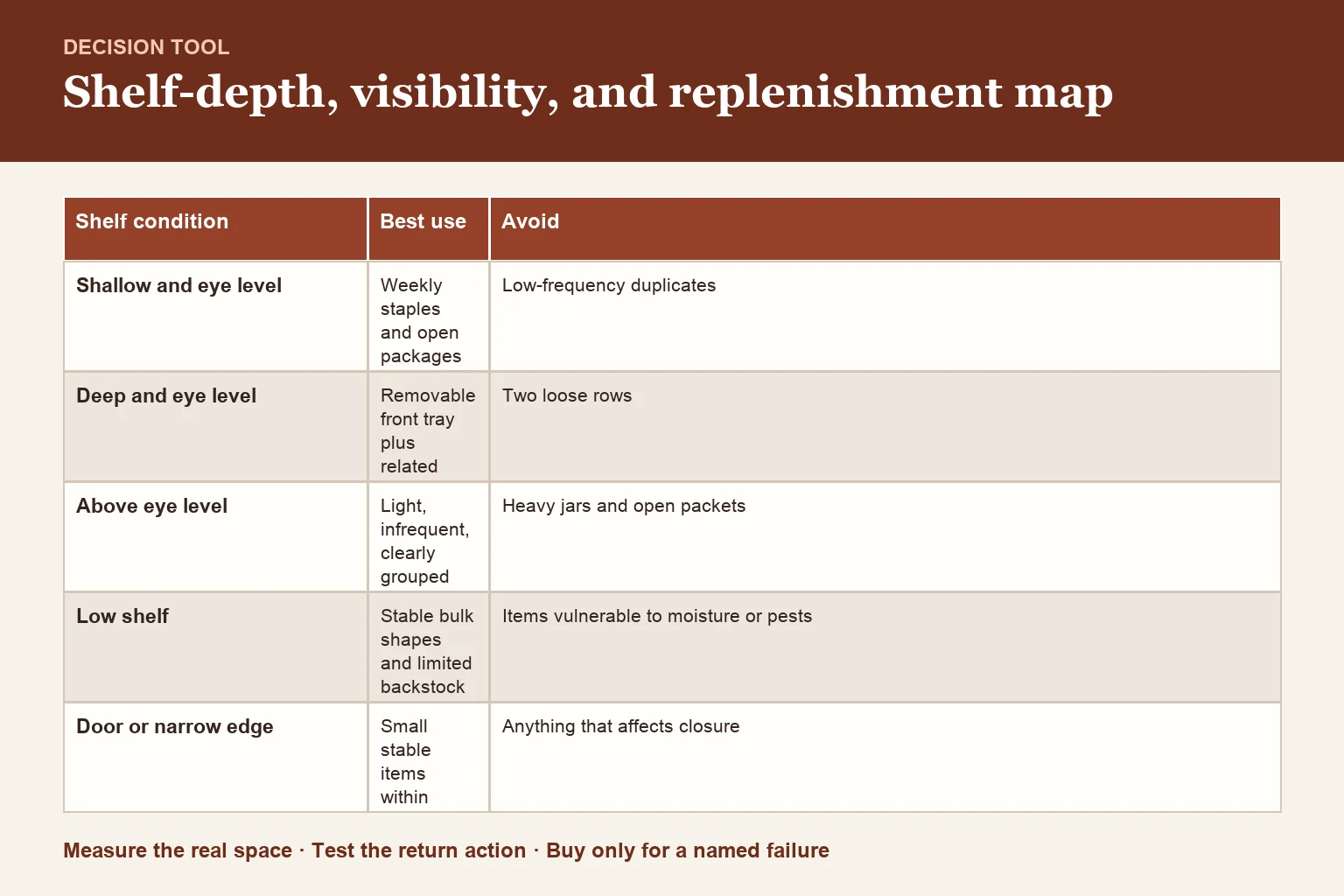 Decision table for shelf-depth, visibility, and replenishment map