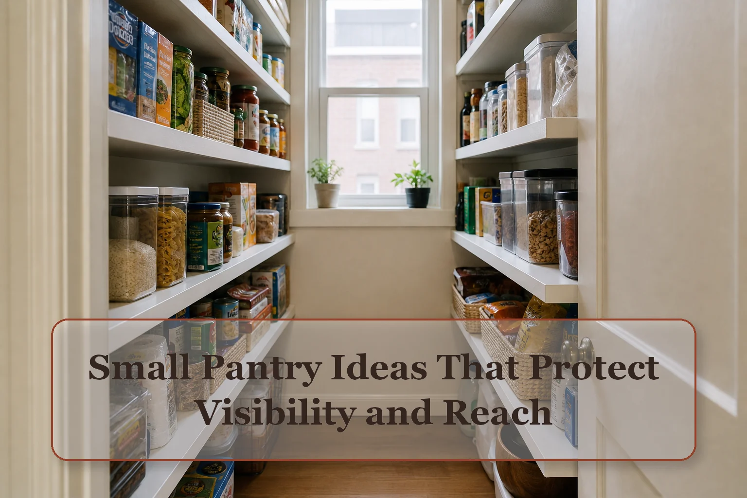 Narrow pantry with frequently used foods visible at eye level and practical front-and-back shelf access