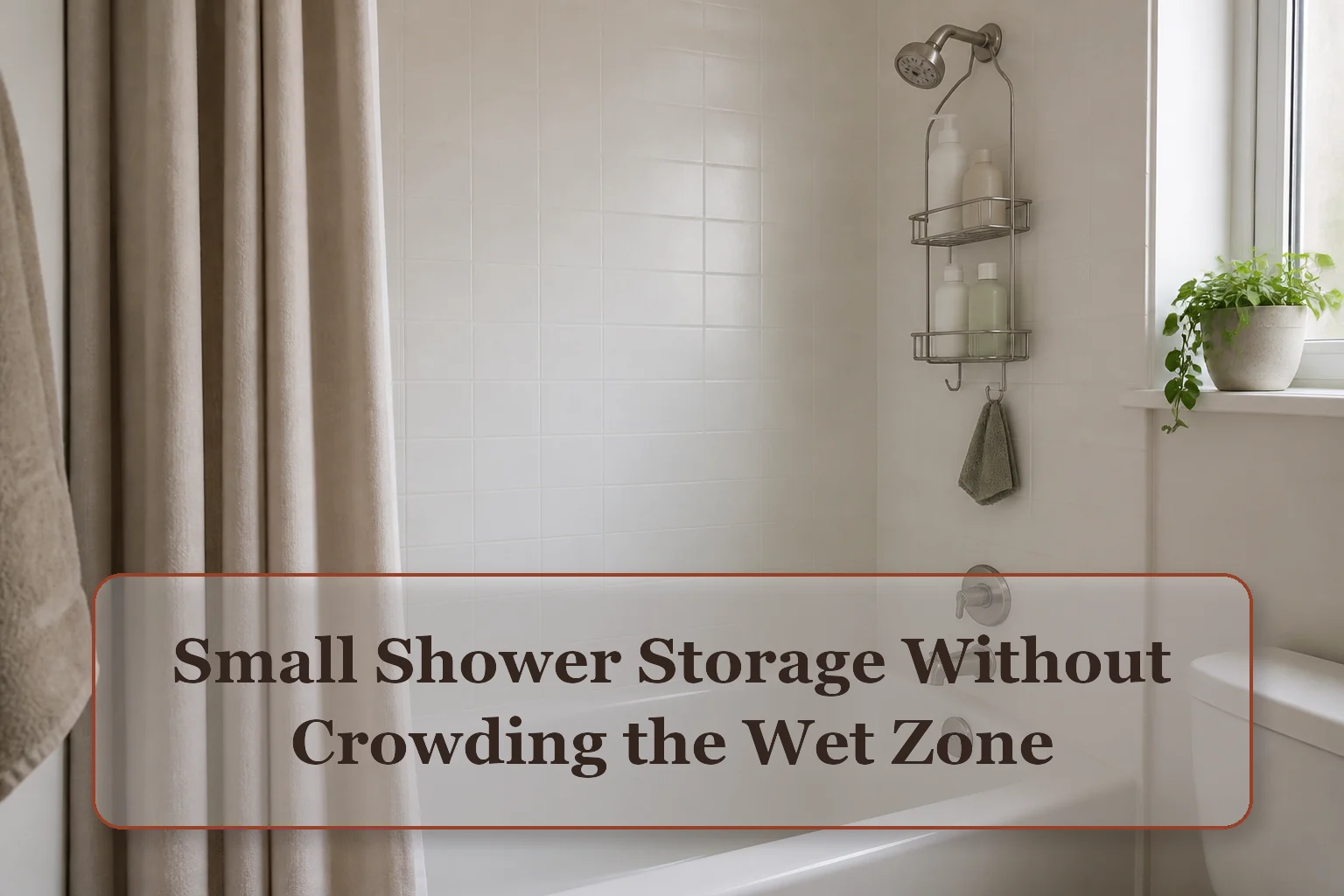 Compact tub shower with a modest rust-resistant caddy, limited unbranded bottles, and a clear tub rim