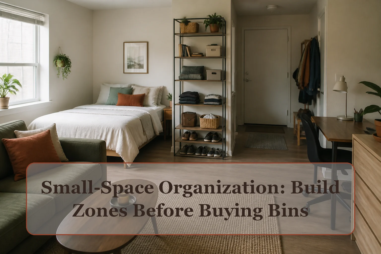 Compact studio arranged into clear sleeping, working, entry, and storage zones with an open walking route