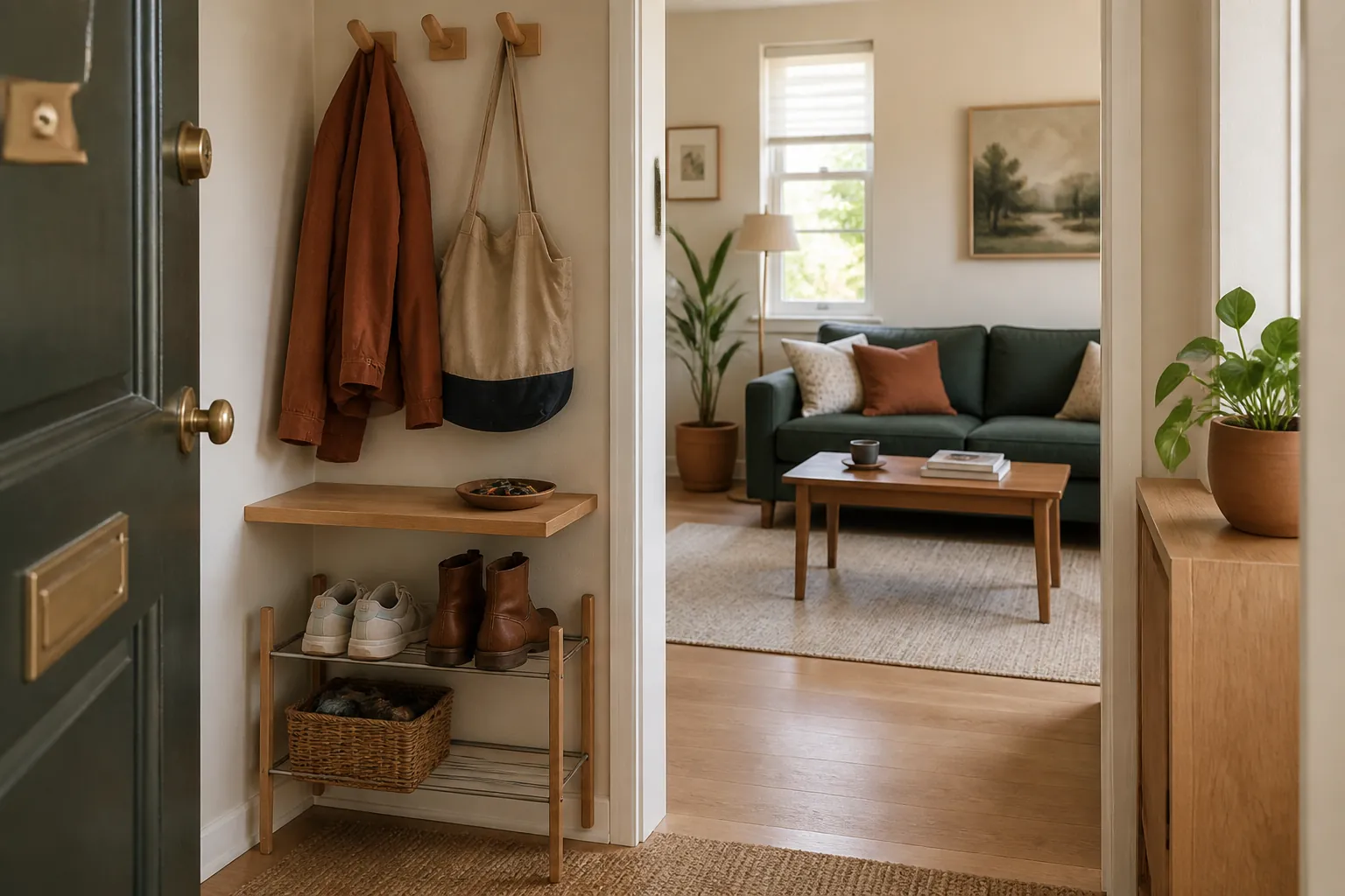 Apartment front door opening into a living room with wall hooks, slim key ledge, narrow shoe rack, basket, and clear path