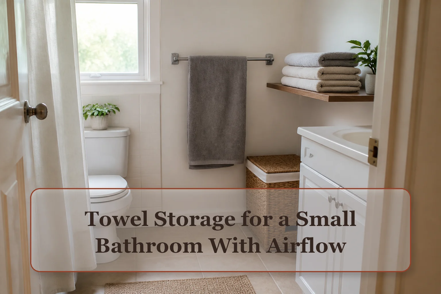 Small bathroom with one towel drying on a bar, clean towels on a shallow shelf, and a closed hamper