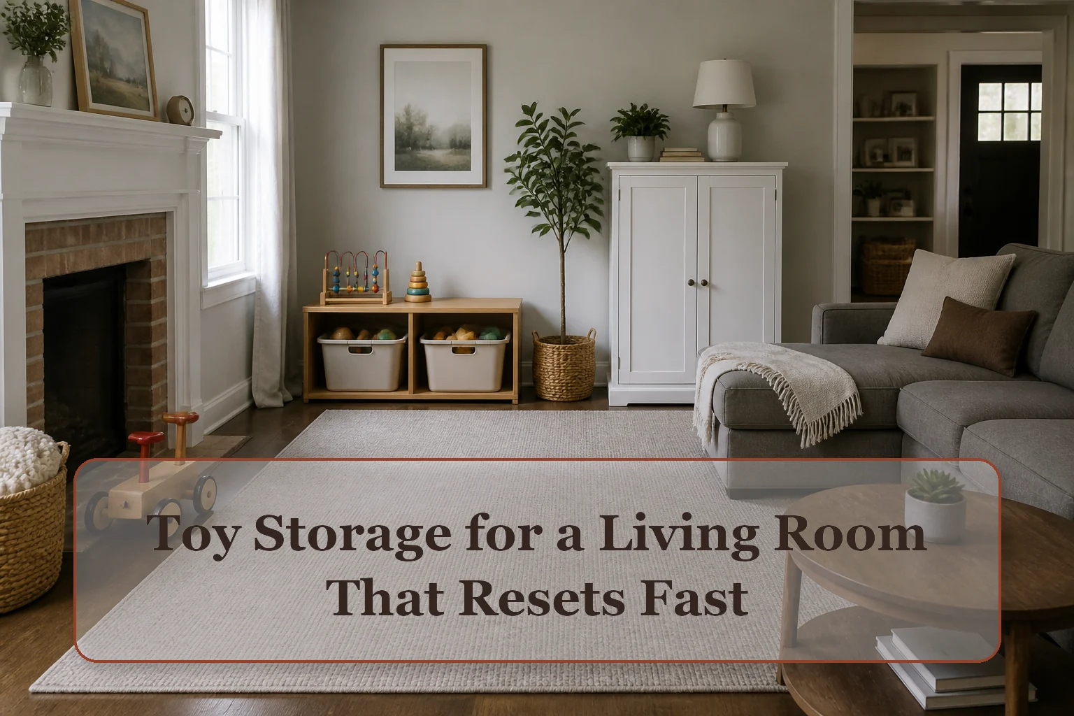 Family living room with a defined play area, two low return bins, a closed rotation cabinet, and open floor space