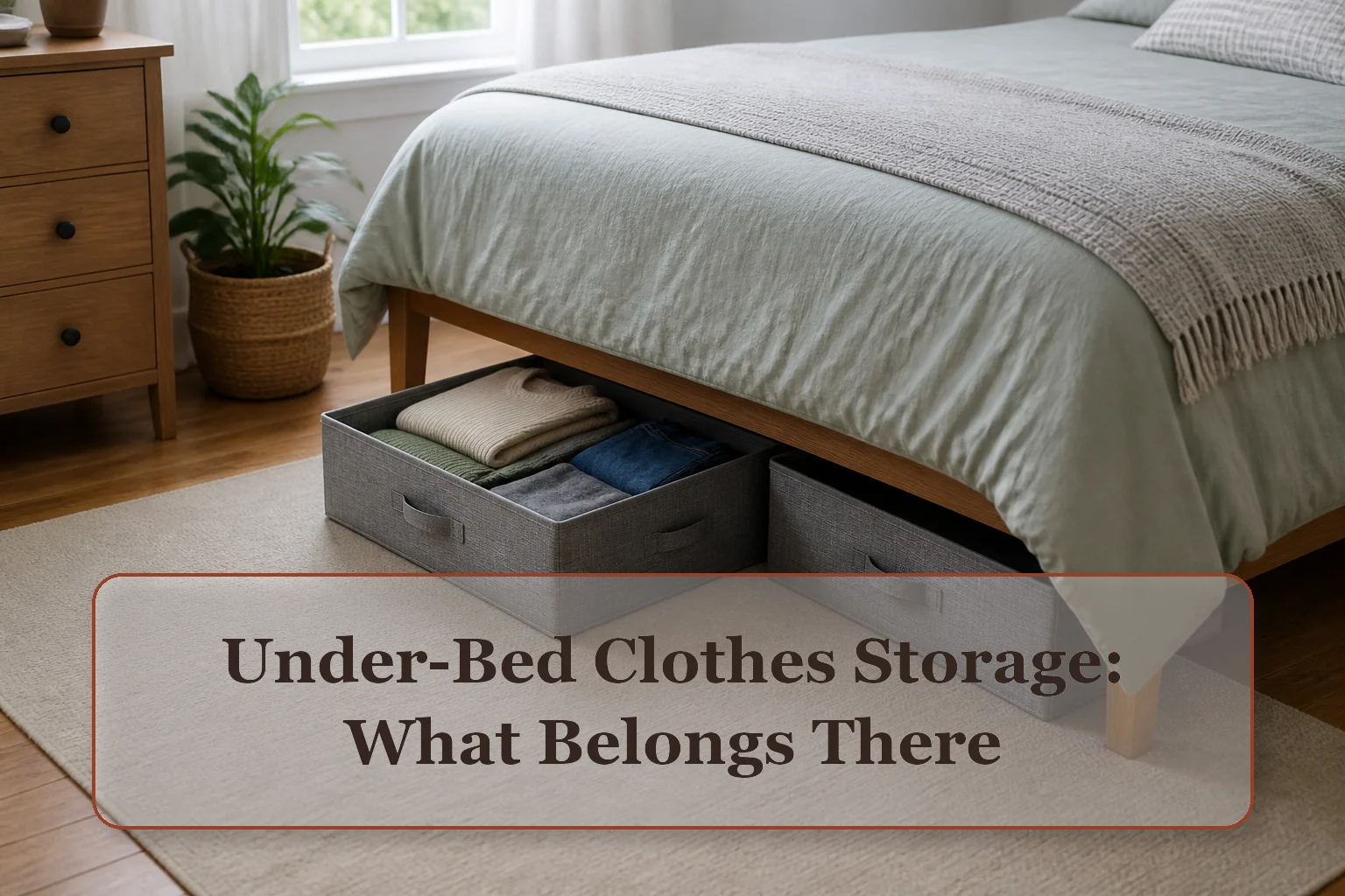 Standard bed with shallow breathable fabric boxes and folded off-season clothes in one open container