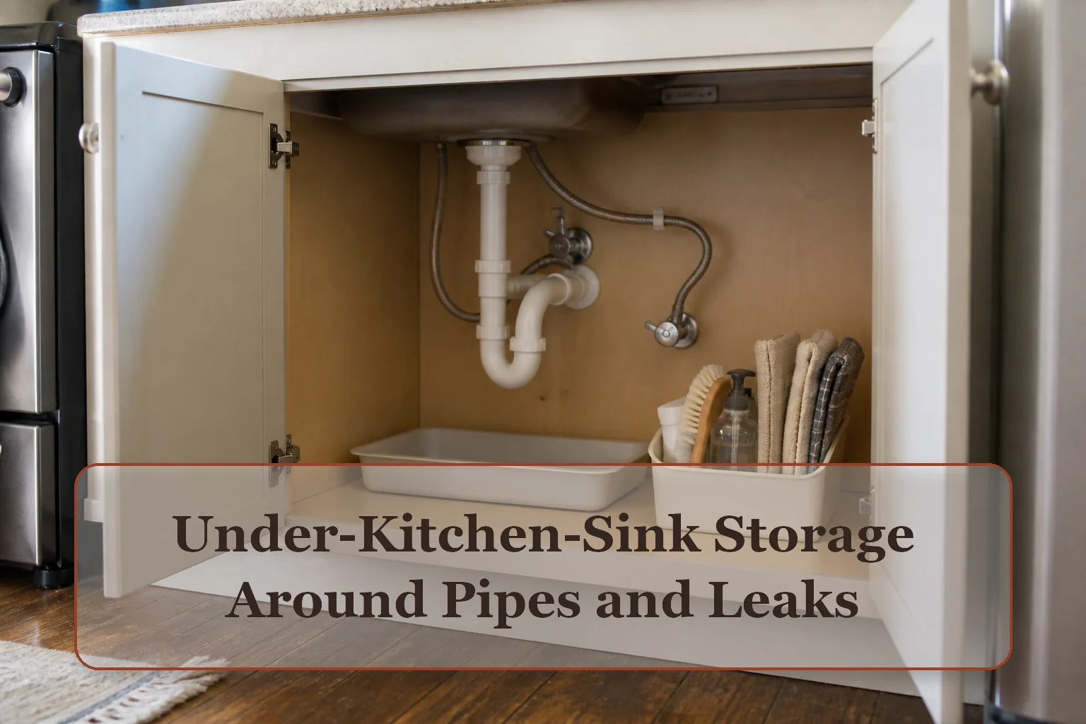 Open kitchen sink cabinet with visible plumbing, a shallow leak tray, and one removable cleaning caddy