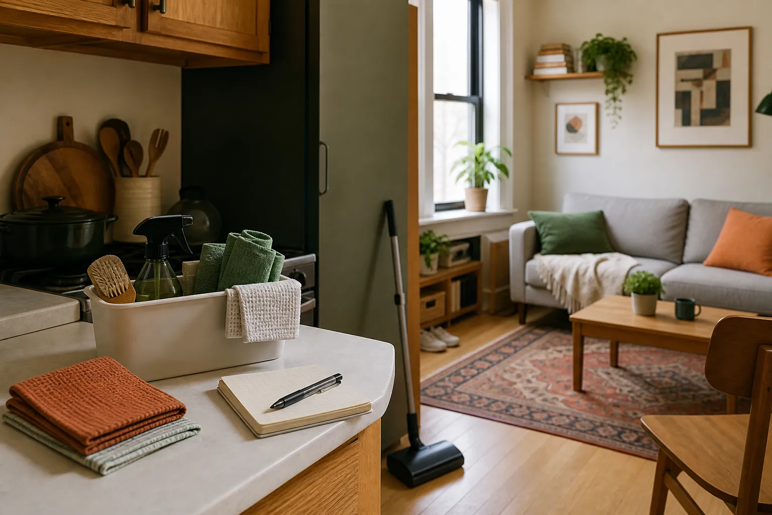 Compact apartment kitchen and living room with a cleaning caddy, folded cloths, notebook, and small floor tool ready for a weekly reset